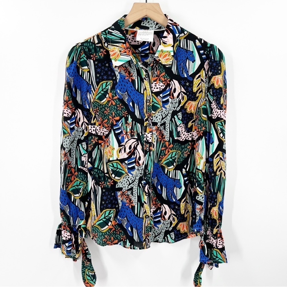 Anthropologie Margaret Jeane Leopard Top Button Front Long Sleeves
